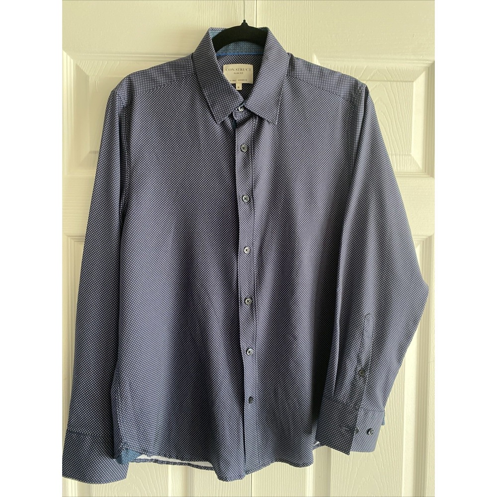Con.Struct Medium 4-Way Stretch Slim‎ Fit Navy Polka Dot Button Down Dress Shirt